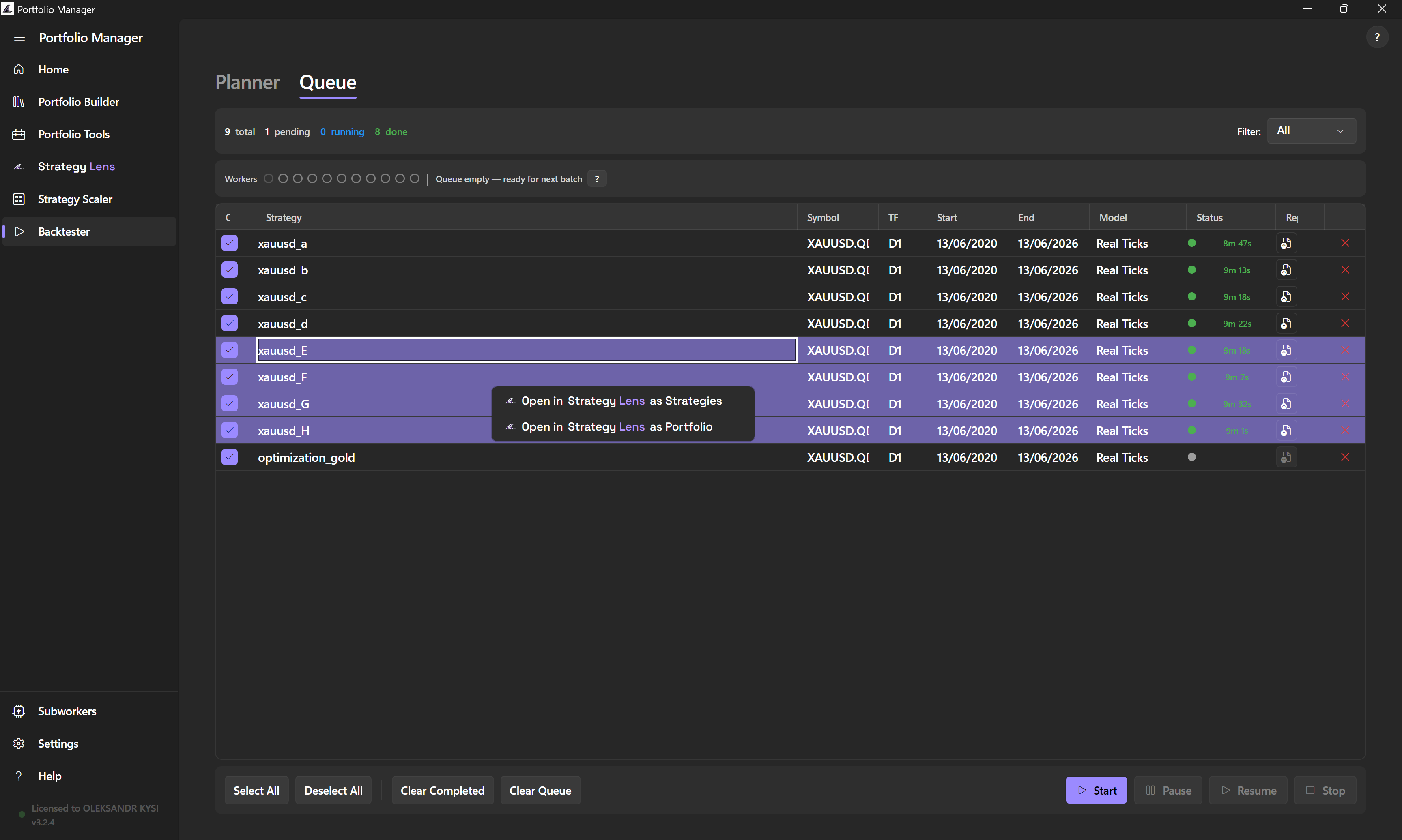 Right-click a backtest result and choose Open in StrategyLens